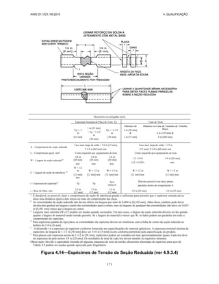 AWS D1.1/D1.1M:2010 4. QUALIFICAÇÃO
171
Dimensões em polegadas [mm]
Espessura Nominal de Placa de Teste, Tp Cano de Teste
in
[25 mm]
1 in [25 mm]
< Tp < 1-1/2
in
[38 mm]
-1/2
in
[38 mm]
Diâmetro de
2 in [50 mm]
&
3 in [75 mm]
Diâmetro ou Cano de Tamanho de Trabalho
Maior
6 in [150 mm] &
8 in [200 mm]
A – Comprimento de seção reduzida
Face mais larga da solda + 1/2 in [12 mm],
2-1/4 in [60 mm] min
Face mais larga da solda + 1/2 in
[12 mm], 2-1/4 in [60 mm] min
L – Comprimento geral, mina
Como requerido por equipamento de teste Como requerido por equipamento de teste
W – Largura de seção reduzidab,c
3/4 in
[20 mm]
min
3/4 in
[20 mm]
min
3/4 in
[20 mm]
min
1/2 ± 0 01
(12 ± 0 025)
3/4 in [20 mm]
min
C – Largura da seção de aderência c,d
W + 1/2
in
[12 mm]
min
W + 1/2 in
[12 mm] min
W + 1/2 in
[12 mm] min
W + 1/2 in
[12 mm] min
W + 1/2 in
[12 mm] min
t – Espessura do espécimee,f
Tp Tp
Tp/n
(Note f)
Máximo possível com faces planas
paralelas dentro do comprimento A
r – Raio de filete, min
1/2 in
[12 mm]
1/2 in
[12 mm]
1/2 in
[12 mm]
1/2 in [25 mm] 1/2 in [25 mm]
a
É desejável, se possível, fazer o comprimento da seção de aderência grande o suficiente para permitir que o espécime estenda até as
alças uma distância igual a dois terços ou mais do comprimento das alças.
b
As extremidades da seção reduzida não devem diferir em largura por mais de 0,004 in [0,102 mm]. Além disso, também pode haver
decréscimo gradual na largura a partir das extremidades para o centro, mas as larguras de qualquer das extremidades não deve ser 0,015
in [0,381 mm] maior que a largura no centro.
c
Larguras mais estreitas (W e C) podem ser usadas quando necessário. Em tais casos, a largura da seção reduzida deveria ser tão grande
quanto a largura do material sendo testado permite. Se a largura do material é menor que W, os lados podem ser paralelos em todo o
comprimento do espécime.
d
Para espécimes padrão do tipo placa, as extremidades do espécime devem ser simétricas com a linha de centro da seção reduzida no
âmbito de 1/4 in [6 mm].
e
A dimensão t é a espessura do espécime conforme fornecido nas especificações de material aplicáveis. A espessura nominal mínima de
espécimes de largura de 1-1/2 in [38 mm] deve ser 3/16 in [5 mm] exceto conforme permitido pela especificação do produto.
f
Para placas com espessura acima de 1-1/2 in [38 mm], espécimes podem ser cortados em tiras aproximadamente iguais. Cada tira deve
ter espessura de pelo menos 3/4 in [20 mm]. Os resultados de teste de cada tira devem atender os requisitos mínimos.
Observação: Devido à capacidade limitada de algumas máquinas de teste de tensão, dimensões alternadas de espécime para aços da
Tabela 4.9 podem ser usadas quando aprovado pelo Engenheiro.
Figura 4.14—Espécimes de Tensão de Seção Reduzida (ver 4.9.3.4)
 