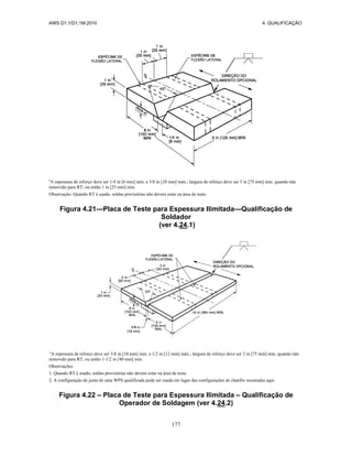 AWS D1.1/D1.1M:2010 4. QUALIFICAÇÃO
177
a
A espessura de reforço deve ser 1/4 in [6 mm] min. a 3/8 in [10 mm] máx.; largura de reforço deve ser 3 in [75 mm] min. quando não
removido para RT, ou então 1 in [25 mm] min.
Observação: Quando RT é usado, soldas provisórias não devem estar na área de teste.
Figura 4.21—Placa de Teste para Espessura Ilimitada—Qualificação de
Soldador
(ver 4.24.1)
a
A espessura de reforço deve ser 3/8 in [10 mm] min. a 1/2 in [12 mm] máx.; largura de reforço deve ser 3 in [75 mm] min. quando não
removido para RT, ou então 1-1/2 in [40 mm] min.
Observações:
1. Quando RT é usado, soldas provisórias não devem estar na área de teste.
2. A configuração de junta de uma WPS qualificada pode ser usada em lugar das configurações de chanfro mostradas aqui.
Figura 4.22 – Placa de Teste para Espessura Ilimitada – Qualificação de
Operador de Soldagem (ver 4.24.2)
 