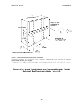 AWS D1.1/D1.1M:2010 4. QUALIFICAÇÃO
186
a
Quando RT é usado, soldas provisórias não devem estar na área de teste.
b
A espessura de reforço deve ser 1/4 in [6 mm] min. a 3/8 in [10 mm] máx.; a largura de reforço deve ser 3 in [75 mm] min. quando não
removido para RT, ou então 1 in [25 mm] min.
c
Para placa de 3/8 in [10 mm], um teste de flexão lateral pode ser substituído por cada um dos testes de flexão de face e raiz requeridos.
Figura 4.32 – Placa de Teste Opcional para Espessura Limitada – Posição
Horizontal– Qualificação de Soldador (ver 4.24.1)
 