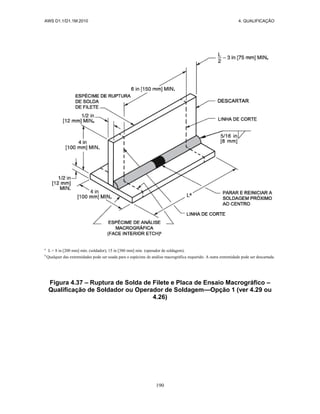 AWS D1.1/D1.1M:2010 4. QUALIFICAÇÃO
190
a
L = 8 in [200 mm] min. (soldador), 15 in [380 mm] min. (operador de soldagem).
b
Qualquer das extremidades pode ser usada para o espécime de análise macrográfica requerido. A outra extremidade pode ser descartada.
Figura 4.37 – Ruptura de Solda de Filete e Placa de Ensaio Macrográfico –
Qualificação de Soldador ou Operador de Soldagem—Opção 1 (ver 4.29 ou
4.26)
 