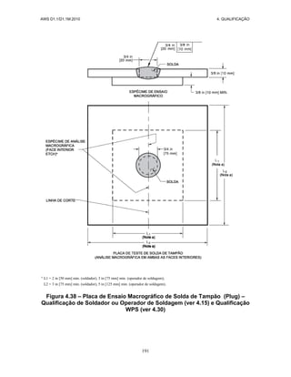AWS D1.1/D1.1M:2010 4. QUALIFICAÇÃO
191
a
L1 = 2 in [50 mm] min. (soldador), 3 in [75 mm] min. (operador de soldagem);
L2 = 3 in [75 mm] min. (soldador), 5 in [125 mm] min. (operador de soldagem).
Figura 4.38 – Placa de Ensaio Macrográfico de Solda de Tampão (Plug) –
Qualificação de Soldador ou Operador de Soldagem (ver 4.15) e Qualificação
WPS (ver 4.30)
 