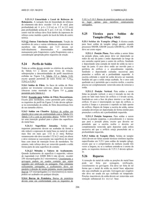 AWS D1.1/D1.1M:2010 5. FABRICAÇÃO
206
5.23.11.3 Linearidade e Local de Reforços de
Rolamento. A variação fora de linearidade de reforços
de rolamento não deve exceder 1/4 in [6 mm] para
profundidade até 6 p é s [1,8 m] ou 1/2 in [12 mm]
para profundidade acima de 6 pés [1,8 m]. A linha de
centro real do reforço deve ficar dentro da espessura do
reforço como medido a partir do local da linha de centro
teórica.
5.23.12 Outras Tolerâncias Dimensionais. Torção de
membros de caixa e outras tolerâncias dimensionais de
membros não abordadas por 5.23 devem ser
individualmente determinados e concordados
mutuamente pelo Empreiteiro e pelo Proprietário com a
consideração apropriada pelos requisitos de ereção.
5.24 Perfis de Solda
Todas as soldas devem atender os critérios de aceitação
da Tabela 6.1 e devem estar livres de trincas,
sobreposições e descontinuidades de perfil inaceitáveis
exibidas na Figura 5.4, Tabela 5.9 e Tabela 5.10,
exceto quando permitido de outra forma em 5.24.1,
5.24.2, e 5.24.3.
5.24.1 Soldas de Filete. As faces de soldas de filete
podem ser levemente convexas, planas ou levemente
côncavas como mostrado na Figura 5.4 e como
permitido pela Tabela 6.1.
5.24.2 Exceção para Soldas de Filete Descontínuas.
Exceto para mordedura, como permitido pelo código,
os requisitos de perfil da Figura 5.4 não devem aplicar-
se às extremidades de soldas de filete descontínuas fora
de seu tamanho efetivo.
5.24.3 Soldas em Chanfro. Reforço de soldas em
chanfro deve estar em conformidade com a Tabela 5.9,
Tabela 5.10 e com as provisões abaixo. Soldas devem
ter uma transição gradual para o plano das superfícies
do metal base.
5.24.3.1 Superfícies Jateadas. Soldas que
requerem jateamento devem ser acabadas de forma a
não reduzir a espessura do metal base ou metal de solda
mais fino em mais que 1/32 in [1 mm]. Reforço
remanescente não deve exceder 1/32 in [1 mm] em altura
e deve misturar-se suavemente nas superfícies do metal
base com áreas de transição livres de mordedura. No
entanto, todo reforço deve ser removido quando a solda
forma parte de uma superfície de contato.
5.24.3.2 Métodos e Valores de Acabamento.
Quando acabamento de superfície é requerido, valores
de rugosidade (ver ASME B46.1) não devem exceder
250 micropolegadas [6,3 micrometros]. Cinzelamento e
goivagem podem ser usados contanto que sejam
seguidos por retificação ou usinagem. Para estruturas
ciclicamente carregadas, o acabamento deve ser
paralelo à direção de tensão primária, exceto rugosidade
final de 125 micropolegadas [3,2 micrometros] ou menos
podem ser acabados em qualquer direção.
5.24.4 Barras de Prateleira. Barras de prateleira
devem estar em conformidade com os requisitos de
5.10.1 a 5.10.5. Barras de prateleira podem ser deixadas
no lugar apenas para membros estaticamente
carregados.
5.25 Técnica para Soldas de
Tampão (Plug e Slot)
5.25.1 Soldas de Tampão (Plug). A técnica usada
para fazer soldas de tampão (plug) quando usando
processos SMAW, GMAW (exceto GMAW-S), e FCAW
deve ser como segue:
5.25.1.1 Posição Plana. Para soldas a serem feitas
na posição plana, cada passe deve ser depositado ao
redor da raiz da junta e então depositado ao longo de
um caminho espiral para o centro do orifício, fundindo
e depositando uma camada de metal de solda na raiz e
topo da junta. O arco deve então ser movido para a
periferia do orifício e o procedimento repetido,
fundindo e depositando camadas sucessivas para
preencher o orifício até a profundidade requerida. A
escória cobrindo o metal de solda deveria ser mantida
fundida até que a solda esteja acabada. Se o arco está
quebrado ou é permitido que a escória resfrie, a escória
precisa ser completamente removida antes de reiniciar a
solda.
5.25.1.2 Posição Vertical. Para soldas a serem
feitas na posição vertical, o arco é iniciado na raiz da
junta no lado mais baixo do orifício e é levado acima,
fundindo-se com a face da placa interior e ao lado do
orifício. O arco é interrompido no topo do orifício, a
escória é limpa e o processo é repetido no lado oposto
do orifício. Depois de limpar a escória da solda, outras
camadas deveriam ser depositadas de forma similar para
preencher o orifício até a profundidade requerida.
5.25.1.3 Posição Suspensa. Para soldas a serem
feitas na posição suspensa, o procedimento é o mesmo
que para a posição plana, exceto que deveria ser
permitido que a escória resfrie e deveria ser
completamente removida após depositar cada esfera
sucessiva até que o orifício esteja preenchido até a
profundidade requerida.
5.25.2 Soldas de Tampão (Slot). Soldas de tampão
(slot) devem ser feitas usando técnicas similares àquelas
especificadas em 5.25.1 para soldas de tampão (plug),
exceto que se o comprimento da ranhura excede três
vezes a largura, ou se a ranhura estende-se à aresta da
parte, os requisitos técnicos de 5.25.1.3 devem aplicar-
se.
5.26 Reparos
A remoção de metal de solda ou porções do metal base
pode ser feita por usinagem, retificação,
cinzelamento ou goivagem. Ela deve ser feita de tal
forma que o metal de solda ou metal base adjacente
não seja entalhado ou goivado. Goivagem por oxigênio
não deve ser usada em aço resfriado ou temperado.
Porções inaceitáveis da solda devem ser removidas sem
remoção substancial d o m e t a l base.
 