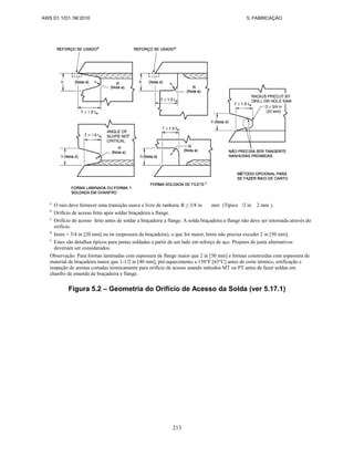 AWS D1.1/D1.1M:2010 5. FABRICAÇÃO
213
a
O raio deve fornecer uma transição suave e livre de ranhura; R ≥ 3/8 in mm (Típico /2 in 2 mm ).
b
Orifício de acesso feito após soldar braçadeira a flange.
c
Orifício de acesso feito antes de soldar a braçadeira a flange. A solda braçadeira a flange não deve ser retornada através do
orifício.
d
hmin = 3/4 in [20 mm] ou tw (espessura da braçadeira), o que for maior, hmin não precisa exceder 2 in [50 mm].
e
Estes são detalhes típicos para juntas soldadas a partir de um lado em reforço de aço. Projetos de junta alternativos
deveriam ser considerados.
Observação: Para formas laminadas com espessura de flange maior que 2 in [50 mm] e formas construídas com espessura de
material de braçadeira maior que 1-1/2 in [40 mm], pré-aquecimento a 150°F [65°C] antes de corte térmico, retificação e
inspeção de arestas cortadas termicamente para orifício de acesso usando métodos MT ou PT antes de fazer soldas em
chanfro de emenda de braçadeira e flange.
Figura 5.2 – Geometria do Orifício de Acesso da Solda (ver 5.17.1)
 