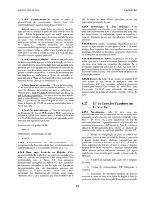 AWS D1.1/D1.1M:2010 6. INSPEÇÃO
232
6.26.6.1 Escaneamento. O ângulo de teste e
procedimento de escaneamento devem estar em
conformidade com aqueles mostrados na Tabela 6.7.
6.26.6.2 Juntas de Topo. Todas as soldas de junta de
topo devem ser testadas a partir de cada lado do eixo da
solda. Soldas de junta de ângulo ou em T- devem ser
primeiramente testadas a partir de apenas um lado do eixo
da solda. Todas as soldas devem ser testadas usando o
padrão (ou padrões) de escaneamento aplicável mostrado
na Figura 6.21 conforme necessário para detectar
descontinuidades longitudinais e transversais. A intenção é
que, no mínimo, todas as soldas sejam testadas ao passar
som através de todo o volume da solda e o HAZ em duas
direções cruzadas, quando praticável.
6.26.6.3 Indicação Máxima. Quando uma indicação
de descontinuidade aparece na tela, a indicação máxima a
ser obtida de uma descontinuidade deve ser ajustada para
produzir um Nível de referência horizontal de deflexão de
traço no visor. Esse ajuste deve ser feito com o controle de
ganho calibrado (atenuador), e a leitura do instrumento em
decibéis deve ser usada como o “Nível de Indicação, a"
para calcular a "Taxa de Indicação, d" como mostrado no
relatório de teste (Anexo M, Formulário M-11).
6.26.6.4 Fator de Atenuação. O "Fator de Atenuação,
c" no relatório de teste deve ser obtido ao subtrair 1 in [25
mm] da distância de caminho de som e multiplicar o
restante por 2 para Unidades Convencionais dos EUA ou
por 0,08 para Unidades SI. Esse fator deve ser arredondado
para o valor dB mais próximo. Valores fracionais menores
que 1/2 dB devem ser reduzidos para o Nível Db mais
baixo e aqueles de 1/2 dB ou maiores aumentados para o
Nível mais alto.
6.26.6.5 Taxa de Indicação. A "Taxa de Indicação, d"
no Relatório UT, Anexo M, Formulário M-11 representa a
diferença algébrica em decibéis entre o Nível de indicação
e o Nível de referência com correção para atenuação como
indicado nas seguintes expressões:
Instrumentos com ganho em dB:
a-b-c=d
Instrumentos com atenuação em dB:
b-a-c=d
6.26.7 Comprimento das Descontinuidades. O
comprimento da descontinuidades deve ser determinado em
conformidade com o procedimento descrito em 6.31.2.
6.26.8 Bases para Aceitação ou Rejeição. Cada
descontinuidade de solda deve ser aceita ou rejeitada com
base em sua taxa de indicação e seu comprimento, em
conformidade com a Tabela 6.2 para estruturas
estaticamente carregadas ou Tabela 6.3 para estruturas
ciclicamente carregadas, o que for aplicável. Apenas as
descontinuidades que são inaceitáveis precisam ser
registradas no relatório de teste, exceto para soldas
designadas nos documentos de contrato como sendo
"Fratura Crítica", taxas aceitáveis que estão no âmbito de 6
dB, inclusive, da taxa mínima inaceitável devem ser
registrados no relatório de teste.
6.26.9 Identificação de Área Rejeitada. Cada
descontinuidade inaceitável deve ser indicada na solda por
uma marca diretamente sobre a descontinuidade para todo
seu comprimento. A profundidade a partir da superfície e
taxa de indicação devem ser anotados em metal base
próximo.
6.26.10 Reparo. Soldas consideradas inaceitáveis por UT
devem ser reparadas por métodos permitidos por 5.26 desse
código. Áreas reparadas devem ser testadas novamente com
resultados tabulados no formulário original (se disponível)
ou formulários de relatório adicionais.
6.26.11 Relatórios de Reteste. A avaliação de áreas de
solda reparadas e testadas novamente devem ser tabuladas
em uma nova linha no formulário de relatório. Se o
formulário original for usado, um R1, R2... Rn, deve ser o
prefixo do número de indicação. Se formulários de relatório
adicionais forem usados, o R número deve ser prefixo do
número de relatório.
6.26.12 Reforço de Aço. UT de soldas em chanfro CJP
com reforço de aço devem ser realizados com um
procedimento UT que reconhece refletores potenciais
criados pela interface de reforço de metal base (ver
Comentário C-6.26.12 para orientação adicional no
escaneamento de soldas em chanfro contendo reforço de
aço).
6.27 UT de Conexões Tubulares em
T-, Y- e K-.
6.27.1 Procedimento. Todo Ut deve estar em
conformidade com um procedimento escrito que tenha sido
preparado ou aprovado por um indivíduo certificado como
SNT-TC-IA, Nível III, e com experiência em UT de
estruturas tubulares. O procedimento deve ser baseado nos
requisitos dessa seção e da Cláusula 6, Parte F, conforme
aplicável. O procedimento deve conter, no mínimo, as
seguintes informações a respeito de métodos e técnicas UT.
(1) O tipo de configuração de junta de solda a ser
examinado (isto é, a faixa aplicável de diâmetro, espessura
e ângulo diedro local). Técnicas convencionais são
geralmente limitadas a diâmetros de 12-3/4 in [325 mm] ou
mais, espessuras de 1/2 in [12 mm] e acima, e ângulos
diedros locais de 30' ou maiores. Técnicas especiais para
lados menores podem ser usadas, contanto que sejam
qualificadas como descrito aqui, usando o menor lado de
aplicação.
(2) Critérios de aceitação para cada tipo e tamanho
de solda
(3) Tipo(s) de instrumentação UT (fabricação e
modelo)
(4) Frequência de transdutor (unidade de busca),
tamanho e forma da área ativa, feixe de ângulo, e tipo de
cunha em sonda de feixe de ângulo. Procedimentos usando
 