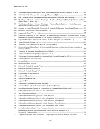 AWS D1.1/D1.1M:2010
xxvi
4.7 Alterações de Variável Essencial de PQR que Requerem Requalificação de WPS para ESW ou EGW .............147
4.8 Tabela 3.1, Tabela 4.9, e Aços Não Listados Qualificados por PQR....................................................................148
4.9 Base e Metais de Adição Aprovados pelo Código que Requerem Qualificação pela Cláusula 4 .........................149
4.10 Qualificação de Soldador e Operador de Soldagem—Posições de Soldagem de Produção Qualificadas por Testes
de Placa, Cano e Tubo de Caixa ...........................................................................................................................151
4.11 Qualificação de Soldador e Operador de Soldagem—Número e Tipo de Espécimes e Faixa de Espessura e
Diâmetro Qualificados (Dimensões em Polegadas) .............................................................................................152
4.12 Alteração em Variável Essencial de Desempenho de Equipe de Soldagem que Requer Requalificação..............156
4.13 Grupos de Classificação de Eletrodo (ver Tabela 4.12)........................................................................................156
4.14 Requisitos de Teste CVN (ver 4.36).....................................................................................................................157
4.15 Redução de Temperatura de Teste CVN (ver 4.36.5) Para espécimes de teste CVN de tamanho inferior em que a
largura através do entalhe é menos que 80% da espessura do metal base.............................................................157
5.1 Exposição Atmosférica Permissível de Eletrodos de Baixo Hidrogênio (ver 5.3.2.2 e 5.3.2.3) .........................209
5.2 Tempo Mínimo de Retenção (ver 5.8.1)...............................................................................................................209
5.3 Tratamento Térmico Alternativo de Alívio de Tensão (ver 5.8.2)........................................................................209
5.4 Limites de Aceitabilidade e Reparo de Descontinuidades Laminares em Superfícies Cortadas Produzidas na
Fábrica (ver 5.15.1) ..............................................................................................................................................209
5.5 Tolerâncias de Abertura de Raízes Tubulares (ver 5.22.4.2) ................................................................................210
5.6 Tolerância de Abaulamento para Trave Típica (ver 5.23.3) .................................................................................210
5.7 Tolerância de Abaulamento para Traves sem uma Mísula Concreta Projetada (ver 5.23.4).................................210
5.8 Tamanhos Mínimos de Solda de Filete.................................................................................................................210
5.9 Perfis de Solda......................................................................................................................................................211
5.10 Programas de Perfil de Solda ...............................................................................................................................211
6.1 Critérios de Aceitação de Inspeção Visual ...........................................................................................................240
6.2 Critérios de Aceitação -Rejeição UT ....................................................................................................................241
6.3 Critérios de Aceitação-Rejeição UT .................................................................................................................... 242
6.4 Requisitos IQI de Tipo de Orifício .......................................................................................................................243
6.5 Requisitos IQI de Arame ......................................................................................................................................243
6.6 Seleção e Colocação de IQI..................................................................................................................................244
6.7 Ângulo de Teste....................................................................................................................................................245
7.1 Requisitos de Propriedades Mecânicas para Pinos ...............................................................................................288
7.2 Tamanho Mínimo de Solda de Filete Para Pinos de Pequeno Diâmetro...............................................................288
B.1 Fatores Equivalentes de Tamanho de Perna de Solda de Filete para Juntas Oblíquas em T-................................299
D.1 Reforços Intermediários em Ambos os Lados de Braçadeira ...............................................................................303
D.2 Sem Reforços Intermediários................................................................................................................................303
D.3 Reforços Intermediários em Apenas Um Lado de Braçadeira..............................................................................304
E.1 Reforços Intermediários em Ambos os Lados de Braçadeira. Traves Interiores...................................................307
E.2 Reforços Intermediários em Apenas Um Lado de Braçadeira. Traves Frontais ...................................................308
E.3 Reforços Intermediários em Apenas Um Lado de Braçadeira. Traves Interiores .................................................309
E.4 Reforços Intermediários em Ambos os Lados de Braçadeira. Traves Frontais.....................................................310
E.5 Sem Reforços Intermediários. Traves Frontais ou Interiores................................................................................310
I.1 Grupamento de Índice de Suscetibilidade como Função de Nível de Hidrogênio “H” e
Parâmetro de Composição Pcm ............................................................................................................................326
I.2 Temperaturas Mínimas de Pré-aquecimento e Interpasse para Três Níveis de Restrição (ver I6.2.4) ..................326
 
