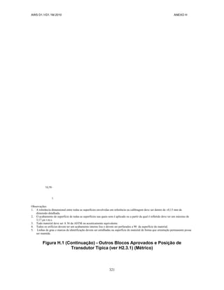 AWS D1.1/D1.1M:2010 ANEXO H
321
Observações:
1. A tolerância dimensional entre todas as superfícies envolvidas em referência ou calibragem deve ser dentro de ±0,13 mm de
dimensão detalhada.
2. O acabamento de superfície de todas as superfícies nas quais som é aplicado ou a partir da qual é refletido deve ter um máximo de
3,17 μn r.m.s.
3. Todo material deve ser A 36 da ASTM ou acusticamente equivalente.
4. Todos os orifícios devem ter um acabamento interno liso e devem ser perfurados a 90 da superfície do material.
5. Linhas de grau e marcas de identificação devem ser entalhadas na superfície do material de forma que orientação permanente possa
ser mantida.
Figura H.1 (Continuação) - Outros Blocos Aprovados e Posição de
Transdutor Típica (ver H2.3.1) (Métrico)
 
