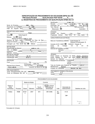AWS D1.1/D1.1M:2010 ANEXO N
359
ESPECIFICAÇÃO DE PROCEDIMENTO DE SOLDAGEM (WPS) Sim 
PRÉ-QUALIFICADA QUALIFICADA POR TESTE _____X_____
ou REGISTROS DE PROCEDIMENTO DE QUALIFICAÇÃO (PQR) Sim 
Nome da Empresa RED. Inc.
Processo(s) de Soldagem F. CAW
PQR de Suporte Nº(s) PQR 231
PROJETO DE JUNTA USADO
Tipo: Topo
Única  Solda Dupla 
Reforço. Sim  Não
Material de Reforço: ASTM A 131A
Abertura de Raiz 1/4” Dimensão de Face de Raiz -
Ângulo de Chanfro. 35° Raio (J–U) -
Goivagem por Trás: Sim Não  Método -
METAIS BASE
Especificação de Material ASTM A 131
Tipo ou Grau A
Espessura: Chanfro 1” Filete -
Diâmetro (Cano) -
METAIS DE ADIÇÃO
Especificação AWS A5.20
Classificação AWS E71T-1
PROTEÇÃO
Fluxo - Gás CO2
Composição 100% CO2
Eletrodo-Fluxo (Classe) Taxa de Fluxo 45-55CFH
F7A12-EM12K Tamanho do Bocal de Gás #4
PRÉ-AQUECIMENTO
Temp. Pré-aquecimento, Mín. 60° (AMBIENTE)
Temp. de Interpasse, Mín. 60° F Máx. 350° F _______
Identificação # PQR 231
Revisão 1 Data 1-12-87 Por W. Lye
Autorizado por J. Jones. Data 18-1-88
Tipo—Manual  Semi-automático 
Mecanizado  Automático 
POSIÇÃO
Posição de Chanfro: 0.H Filete: ______-
Progressão Vertical: Para Cima  Para Baixo 
CARACTERÍSTICAS ELÉTRICAS
____________________________
Modo de Transferência (GMAW) Curto-Circuito 
Globular  Pulverização 
Corrente: AC  DCEP  DCEN  Pulsada 
Fonte de Energia: CC  CV 
Outros __________ ________________________________
Eletrodo de Tungstênio (GTAW)
Tamanho:
Tipo:
TÉCNICA
Passe estreito ou Escamas de Solda: Passe estreito
Passe Múltiplo ou Único (por lado) Passe Múltiplo
Número de Eletrodos 1
Espaçamento de Eletrodo Longitudinal
Lateral -
Ângulo -
Tubo de Contato para Distância de Trabalho 1/2-1”
Martelamento Nenhum
Limpeza de Interpasse: Escova de Aço
TRATAMENTO TÉRMICO PÓS-SOLDA
Temp. N.D
Tempo. N.D
PROCEDIMENTO DE SOLDAGEM
Passe ou
Solda
Camada(s) Processo
Metais de Adição Corrente
Volts
Velocidade de
Deslocamento Detalhes de Junta
Classe Diâmetro
Tipo &
Polaridade
Amps ou Arame
Velocidade de
Alimentação
Todos FCAW E71T-
1
,045" DC+ 180-220A 25-
26V
8-12
ipm
Formulário N-1 (Frente)
 