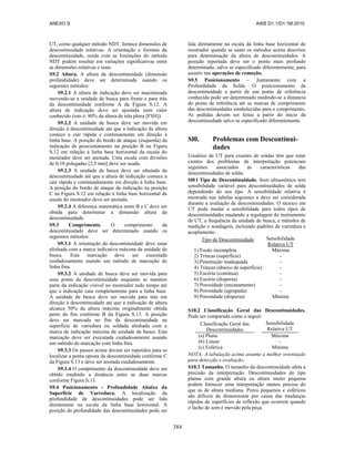 ANEXO S AWS D1.1/D1.1M:2010
384
UT, como qualquer método NDT, fornece dimensões de
descontinuidade relativas. A orientação e formato da
descontinuidade, unida com as limitações do método
NDT podem resultar em variações significativas entre
as dimensões relativas e reais.
S9.2 Altura. A altura da descontinuidade (dimensão
profundidade) deve ser determinada usando os
seguintes métodos:
S9.2.1 A altura de indicação deve ser maximizada
movendo-se a unidade de busca para frente e para trás
da descontinuidade conforme A da Figura S.12. A
altura de indicação deve ser ajustada num valor
conhecido (isto é: 80% da altura de tela plena [FSH]).
S9.2.2 A unidade de busca deve ser movida em
direção à descontinuidade até que a indicação de altura
comece a cair rápida e continuamente em direção à
linha base. A posição do bordo de ataque (esquerda) da
indicação de posicionamento na posição B na Figura
S.12 em relação à linha base horizontal da escala do
mostrador deve ser anotada. Uma escala com divisões
de 0,10 polegadas [2,5 mm] deve ser usada.
S9.2.3 A unidade de busca deve ser afastada da
descontinuidade até que a altura de indicação comece a
cair rápida e continuadamente em direção à linha base.
A posição do bordo de ataque da indicação na posição
C na Figura S.12 em relação à linha base horizontal da
escala do mostrador deve ser anotada.
S9.2.4 A diferença matemática entre B e C deve ser
obtida para determinar a dimensão altura da
descontinuidade.
S9.3 Comprimento. O comprimento da
descontinuidade deve ser determinado usando os
seguintes métodos:
S9.3.1 A orientação da descontinuidade deve estar
alinhada com a marca indicativa máxima da unidade de
busca. Esta marcação deve ser executada
cuidadosamente usando um método de marcação de
linha fina.
S9.3.2 A unidade de busca deve ser movida para
uma ponta da descontinuidade enquanto se mantém
parte da indicação visível no mostrador todo tempo até
que a indicação caia completamente para a linha base.
A unidade de busca deve ser movida para trás em
direção à descontinuidade até que a indicação de altura
alcance 50% da altura máxima originalmente obtida
perto do fim conforme B da Figura S.13. A posição
deve ser marcada no fim da descontinuidade na
superfície de varredura ou soldada alinhada com a
marca de indicação máxima da unidade de busca. Esta
marcação deve ser executada cuidadosamente usando
um método de marcação com linha fina.
S9.3.3 Os passos acima devem ser repetidos para se
localizar a ponta oposta da descontinuidade conforme C
da Figura S.13 e deve ser anotada cuidadosamente.
S9.3.4 O comprimento da descontinuidade deve ser
obtido medindo a distância entre as duas marcas
conforme Figura S.13.
S9.4 Posicionamento - Profundidade Abaixo da
Superfície de Varredura. A localização da
profundidade de descontinuidades pode ser lida
diretamente na escala da linha base horizontal. A
posição da profundidade das descontinuidades pode ser
lida diretamente na escala da linha base horizontal do
mostrador quando se usam os métodos acima descritos
para determinação da altura de descontinuidades. A
posição reportada deve ser o ponto mais profundo
determinado, salvo se especificado diferentemente, para
assistir nas operações de remoção.
S9.5 Posicionamento – Juntamente com a
Profundidade da Solda. O posicionamento da
descontinuidade a partir de um ponto de referência
conhecido pode ser determinado medindo-se a distancia
do ponto de referência até as marcas de comprimento
das descontinuidades estabelecidas para o comprimento.
As pedidas devem ser feitas a partir do início da
descontinuidade salvo se especificado diferentemente.
Sl0. Problemas com Descontinui-
dades
Usuários de UT para exames de soldas têm que estar
cientes dos problemas de interpretação potenciais
seguintes associados às características das
descontinuidades de solda:
Sl0 l Tipo de Descontinuidade. Som ultrassônico tem
sensibilidade variável para descontinuidades de solda
dependendo do seu tipo. A sensibilidade relativa é
mostrada nas tabelas seguintes e deve ser considerada
durante a avaliação de descontinuidades. O técnico em
UT pode mudar a sensibilidade para todos tipos de
descontinuidades mudando a regulagem do instrumento
de UT, a frequência da unidade de busca, e métodos de
medição e sondagem, incluindo padrões de varredura e
acoplamento.
Tipo de Descontinuidade Sensibilidade
Relativa UT
1) Fusão incompleta
2) Trincas (superfície)
3) Penetração inadequada
4) Trincas (abaixo da superfície)
5) Escória (contínua)
6) Escória (dispersa)
7) Porosidade (encanamento)
8) Porosidade (agrupada)
9) Porosidade (dispersa)
Máxima
-
-
-
-
-
-
-
Mínima
S10.2 Classificação Geral das Descontinuidades.
Pode ser comparada como a seguir:
Classificação Geral das
Descontinuidades
Sensibilidade
Relativa UT
(a) Plana
(b) Linear
(c) Esférica
Máxima
-
Mínima
NOTA: A tabulação acima assume a melhor orientação
para detecção e avaliação.
S10.3 Tamanho. O tamanho da descontinuidade afeta a
precisão da interpretação. Descontinuidades do tipo
planas com grande altura ou altura muito pequena
podem fornecer uma interpretação menos precisa do
que as de altura mediana. Poros pequenos e esféricos
são difíceis de dimensionar por causa das mudanças
rápidas de superfícies de reflexão que ocorrem quando
o facho de som é movido pela peça.
 