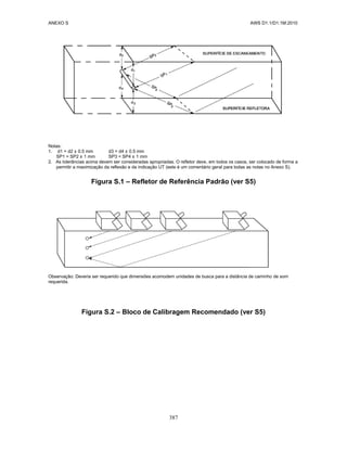 ANEXO S AWS D1.1/D1.1M:2010
387
Notas:
1. d1 = d2 ± 0.5 mm d3 = d4 ± 0.5 mm
SP1 = SP2 ± 1 mm SP3 = SP4 ± 1 mm
2. As tolerâncias acima devem ser consideradas apropriadas. O refletor deve, em todos os casos, ser colocado de forma a
permitir a maximização da reflexão e da indicação UT (este é um comentário geral para todas as notas no Anexo S).
Figura S.1 – Refletor de Referência Padrão (ver S5)
Observação: Deveria ser requerido que dimensões acomodem unidades de busca para a distância de caminho de som
requerida.
Figura S.2 – Bloco de Calibragem Recomendado (ver S5)
 