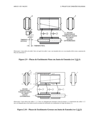 AWS D1.1/D1.1M:2010 2. PROJETO DE CONEXÕES SOLDADAS
Observação: A área efetiva da solda 2 deve ser igual à da solda 1, mas o seu tamanho deve ser o seu tamanho efetivo mais a espessura da
Placa de enchimento T.
Figura 2.9 – Placas de Enchimento Finas em Junta de Emenda (ver 2.11.1)
Observação: A área efetiva das soldas 1, 2, e 3 deve ser adequada para transmitir a força do projeto, e o comprimento das soldas 1 e 2
deve ser adequado para evitar tensão excessiva da placa de enchimento em cisalhamento ao longo dos planos x-x.
Figura 2.10 – Placas de Enchimento Grossas em Junta de Emenda (ver 2.11.2)
 