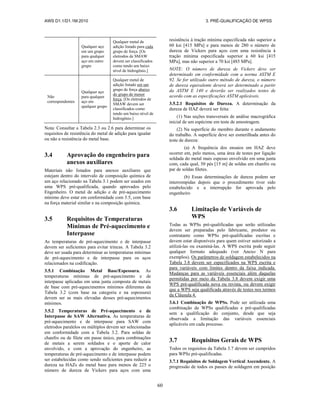 AWS D1.1/D1.1M:2010 3. PRÉ-QUALIFICAÇÃO DE WPSS
60
Qualquer aço
em um grupo
para qualquer
aço em outro
grupo
Qualquer metal de
adição listado para cada
grupo de força. [Os
eletrodos de SMAW
devem ser classificados
como tendo um baixo
nível de hidrogênio.]
Não
correspondentes
Qualquer aço
para qualquer
aço em
qualquer grupo
Qualquer metal de
adição listado em um
grupo de força abaixo
do grupo de menor
força. [Os eletrodos de
SMAW devem ser
classificados como
tendo um baixo nível de
hidrogênio.]
Nota: Consultar a Tabela 2.3 ou 2.6 para determinar os
requisitos de resistência do metal de adição para igualar
ou não a resistência do metal base.
3.4 Aprovação do engenheiro para
anexos auxiliares
Materiais não listados para anexos auxiliares que
estejam dentro do intervalo de composição química de
um aço relacionado na Tabela 3.1 podem ser usados em
uma WPS pré-qualificada, quando aprovados pelo
Engenheiro. O metal de adição e de pré-aquecimento
mínimo deve estar em conformidade com 3.5, com base
na força material similar e na composição química.
3.5 Requisitos de Temperaturas
Mínimas de Pré-aquecimento e
Interpasse
As temperaturas de pré-aquecimento e de interpasse
devem ser suficientes para evitar trincas. A Tabela 3.2
deve ser usada para determinar as temperaturas mínimas
de pré-aquecimento e de interpasse para os aços
relacionados na codificação.
3.5.1 Combinação Metal Base/Espessura. As
temperaturas mínimas de pré-aquecimento e de
interpasse aplicadas em uma junta composta de metais
de base com pré-aquecimentos mínimos diferentes da
Tabela 3.2 (com base na categoria e na espessura)
devem ser as mais elevadas desses pré-aquecimentos
mínimos.
3.5.2 Temperaturas de Pré-aquecimento e de
Interpasse de SAW Alternativa. As temperaturas de
pré-aquecimento e de interpasse para SAW com
eletrodos paralelos ou múltiplos devem ser selecionadas
em conformidade com a Tabela 3.2. Para soldas de
chanfro ou de filete em passe único, para combinações
de metais a serem soldados e o aporte de calor
envolvido, e com a aprovação do engenheiro, as
temperaturas de pré-aquecimento e de interpasse podem
ser estabelecidas como sendo suficientes para reduzir a
dureza na HAZs do metal base para menos de 225 o
número de dureza de Vickers para aços com uma
resistência à tração mínima especificada não superior a
60 ksi [415 MPa] e para menos de 280 o número de
dureza de Vickers para aços com uma resistência à
tração mínima especificada superior a 60 ksi [415
MPa], mas não superior a 70 ksi [485 MPa].
NOTE: O número de dureza de Vickers deve ser
determinado em conformidade com a norma ASTM E
92. Se for utilizado outro método de dureza, o número
de dureza equivalente deverá ser determinado a partir
da ASTM E 140 e deverão ser realizados testes de
acordo com as especificações ASTM aplicáveis.
3.5.2.1 Requisitos de Dureza. A determinação da
dureza de HAZ deverá ser feita:
(1) Nas seções transversais de análise macrográfica
inicial de um espécime em teste de amostragem.
(2) Na superfície do membro durante o andamento
do trabalho. A superfície deve ser esmerilhada antes do
teste de dureza:
(a) A frequência dos ensaios em HAZ deve
ocorrer em, pelo menos, uma área de testes por ligação
soldada do metal mais espesso envolvido em uma junta
com, cada qual, 50 pés [15 m] de soldas em chanfro ou
par de soldas filetes.
(b) Essas determinações de dureza podem ser
interrompidas depois que o procedimento tiver sido
estabelecido e a interrupção for aprovada pelo
engenheiro
3.6 Limitação de Variáveis de
WPS
Todas as WPSs pré-qualificadas que serão utilizadas
devem ser preparadas pelo fabricante, produtor ou
contratante como WPSs pré-qualificadas escritas e
devem estar disponíveis para quem estiver autorizado a
utilizá-las ou examiná-las. A WPS escrita pode seguir
qualquer formato adequado (ver Anexo N para
exemplos). Os parâmetros de soldagem estabelecidos na
Tabela 3.8 devem ser especificados na WPS escrita e
para variáveis com limites dentro da faixa indicada.
Mudanças para as variáveis essenciais além daquelas
permitidas por meio da Tabela 3.8 devem exigir uma
WPS pré-qualificada nova ou revista, ou devem exigir
que a WPS seja qualificada através de testes nos termos
da Cláusula 4.
3.6.1 Combinação de WPSs. Pode ser utilizada uma
combinação de WPSs qualificadas e pré-qualificadas
sem a qualificação do conjunto, desde que seja
observada a limitação das variáveis essenciais
aplicáveis em cada processo.
3.7 Requisitos Gerais de WPS
Todos os requisitos da Tabela 3.7 devem ser cumpridos
para WPSs pré-qualificadas.
3.7.1 Requisitos de Soldagem Vertical Ascendente. A
progressão de todos os passes de soldagem em posição
 