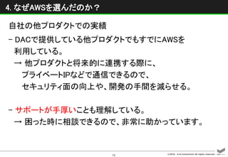 ©2016 D.A.Consortium All rights reserved
19
4. なぜAWSを選んだのか？
自社の他プロダクトでの実績
- DACで提供している他プロダクトでもすでにAWSを
利用している。
→ 他プロダクトと将来的に連携する際に、
プライベートIPなどで通信できるので、
セキュリティ面の向上や、開発の手間を減らせる。
- サポートが手厚いことも理解している。
→ 困った時に相談できるので、非常に助かっています。
 