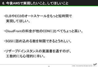 ©2016 D.A.Consortium All rights reserved
28
6. 今後AWSで実現したいこと、してほしいこと
・ELBやEC2のオートスケールをもっと短時間で
実現してほしい。
・CloudFrontの料金が他のCDNに比べてちょっと高い。
・SQSに詰め込める数を制限できるとうれしい。
・リザーブドインスタンスの稟議書を通すのが、
工数的にも心理的に辛い。
 
