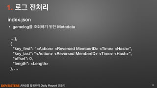 AWS를 활용하여 Daily Report 만들기
1. 로그 전처리
15
…},
{
"key_ﬁrst": “<Action> <Reversed MemberID> <Time> <Hash>”,
"key_last": “<Action> <Reversed MemberID> <Time> <Hash>”,
"offset": 0,
"length": <Length>
}, …
• gamelog를 조회하기 위한 Metadata
index.json
 