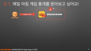 AWS를 활용하여 Daily Report 만들기
2-1. 매일 아침 게임 통계를 받아보고 싶어요!
26
Upload JAR
S3
JAR
BREADCRUMB
 