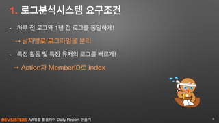 AWS를 활용하여 Daily Report 만들기
- 하루 전 로그와 1년 전 로그를 동일하게!

→ 날짜별로 로그파일을 분리

- 특정 활동 및 특정 유저의 로그를 빠르게!

→ Action과 MemberID로 Index
9
1. 로그분석시스템 요구조건
 