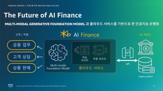 보험사를 위한 AWS DATA ANALYTICS DAY
FINANCIAL SERVICES |
© 2023, Amazon Web Services, Inc. or its affiliates. All rights reserved. Amazon Confidential and Trademark.
© 2023, Amazon Web Services, Inc. or its affiliates. All rights reserved. Amazon Confidential and Trademark.
보험사를 위한 AWS DATA ANALYTICS DAY
FINANCIAL SERVICES |
27
The Future of AI Finance
학습
인프라
추론 인프라
클라우드 서비스
AI Finance
Multi-modal
Foundation Model
KB 계열사
고객 / 직원
Legacy system
API
금융 업무
고객 상담
상품 판매
 