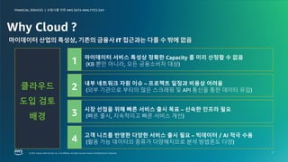 보험사를 위한 AWS DATA ANALYTICS DAY
FINANCIAL SERVICES |
© 2023, Amazon Web Services, Inc. or its affiliates. All rights reserved. Amazon Confidential and Trademark.
© 2023, Amazon Web Services, Inc. or its affiliates. All rights reserved. Amazon Confidential and Trademark.
보험사를 위한 AWS DATA ANALYTICS DAY
FINANCIAL SERVICES |
7
Why Cloud ?
클라우드
도입 검토
배경
마이데이터 서비스 특성상 정확한 Capacity 를 미리 산정할 수 없음
(KB 뿐만 아니라, 모든 금융소비자 대상)
내부 네트워크 자원 이슈 – 프로젝트 일정과 비용상 어려움
(외부 기관으로 부터의 많은 스크래핑 및 API 통신을 통한 데이터 유입)
시장 선점을 위해 빠른 서비스 출시 목표 – 신속한 인프라 필요
(빠른 출시, 지속적이고 빠른 서비스 개선)
고객 니즈를 반영한 다양한 서비스 출시 필요 – 빅데이터 / AI 적극 수용
(활용 가능 데이터의 종류가 다양해지므로 분석 방법론도 다양)
1
2
3
4
 