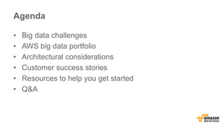 Agenda 
• Big data challenges 
• AWS big data portfolio 
• Architectural considerations 
• Customer success stories 
• Res...