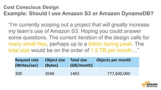 Cost Conscious Design 
Example: Should I use Amazon S3 or Amazon DynamoDB? 
“I’m currently scoping out a project that will...