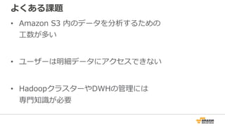 よくある課題
• Amazon S3 内のデータを分析するための
⼯数が多い
• ユーザーは明細データにアクセスできない
• HadoopクラスターやDWHの管理には
専⾨知識が必要
 