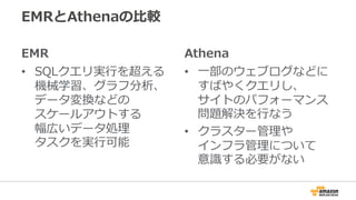EMRとAthenaの⽐較
EMR
• SQLクエリ実⾏を超える
機械学習、グラフ分析、
データ変換などの
スケールアウトする
幅広いデータ処理
タスクを実⾏可能
Athena
• ⼀部のウェブログなどに
すばやくクエリし、
サイトのパフォーマンス
問題解決を⾏なう
• クラスター管理や
インフラ管理について
意識する必要がない
 