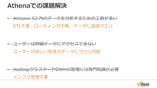 Athenaでの課題解決
• Amazon S3 内のデータを分析するための⼯数が多い
ETL不要。ローディング不要。データに直接クエリ
• ユーザーは明細データにアクセスできない
ユーザーが欲しい粒度のデータにクエリ可能
• HadoopクラスターやDWHの管理には専⾨知識が必要
インフラ管理不要
 