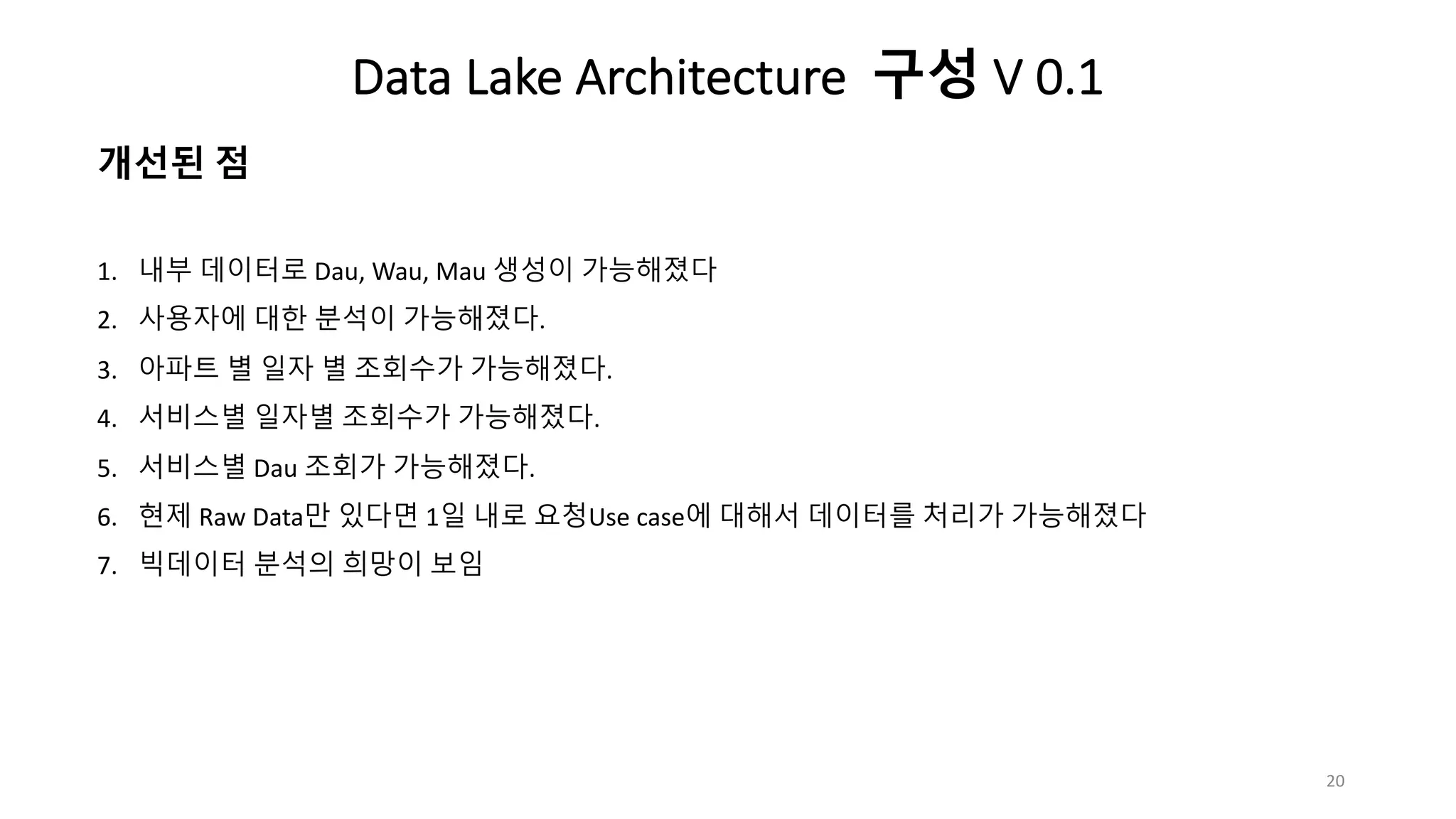 개선된 점
1. 내부 데이터로 Dau, Wau, Mau 생성이 가능해졌다
2. 사용자에 대한 분석이 가능해졌다.
3. 아파트 별 일자 별 조회수가 가능해졌다.
4. 서비스별 일자별 조회수가 가능해졌다.
5. 서비스별 Dau 조회가 가능해졌다.
6. 현제 Raw Data만 있다면 1일 내로 요청Use case에 대해서 데이터를 처리가 가능해졌다
7. 빅데이터 분석의 희망이 보임
20
Data Lake Architecture 구성 V 0.1
 