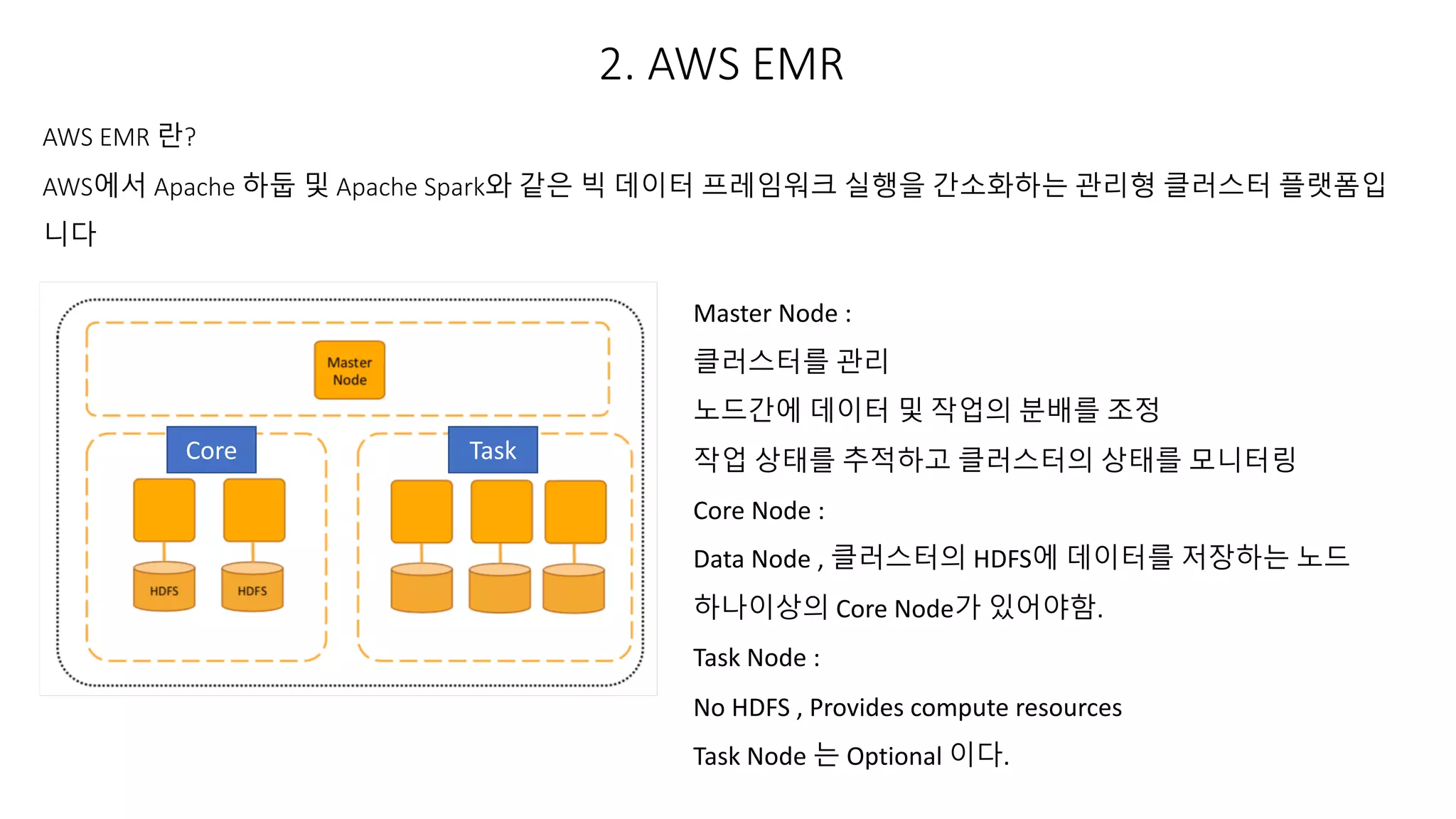 2. AWS EMR
AWS EMR 란?
AWS에서 Apache 하둡 및 Apache Spark와 같은 빅 데이터 프레임워크 실행을 간소화하는 관리형 클러스터 플랫폼입
니다
Master Node :
클러스터를 관리
노드간에 데이터 및 작업의 분배를 조정
작업 상태를 추적하고 클러스터의 상태를 모니터링
Core Node :
Data Node , 클러스터의 HDFS에 데이터를 저장하는 노드
하나이상의 Core Node가 있어야함.
Task Node :
No HDFS , Provides compute resources
Task Node 는 Optional 이다.
Core Task
 