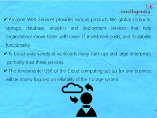 ✔ Amazon Web Services provides various products like global compute,
storage, database, analytics and deployment services that help
organizations move faster with lower IT investment costs, and Scalability
functionality.
✔ To boost wide variety of workloads many start-ups and large enterprises
primarily trust these services.
✔ The fundamental USP of the Cloud computing set-up for any business
will be mainly focused on reliability of the storage system.
 