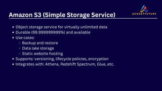 Amazon S3 (Simple Storage Service)
Object storage service for virtually unlimited data
Durable (99.999999999%) and available
Use cases:
Backup and restore
Data lake storage
Static website hosting
Supports: versioning, lifecycle policies, encryption
Integrates with: Athena, Redshift Spectrum, Glue, etc.
 