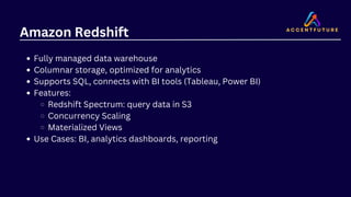 Amazon Redshift
Fully managed data warehouse
Columnar storage, optimized for analytics
Supports SQL, connects with BI tools (Tableau, Power BI)
Features:
Redshift Spectrum: query data in S3
Concurrency Scaling
Materialized Views
Use Cases: BI, analytics dashboards, reporting
 