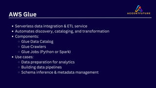 AWS Glue
Serverless data integration & ETL service
Automates discovery, cataloging, and transformation
Components:
Glue Data Catalog
Glue Crawlers
Glue Jobs (Python or Spark)
Use cases:
Data preparation for analytics
Building data pipelines
Schema inference & metadata management
 