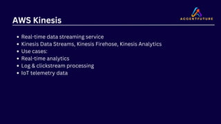 AWS Kinesis
Real-time data streaming service
Kinesis Data Streams, Kinesis Firehose, Kinesis Analytics
Use cases:
Real-time analytics
Log & clickstream processing
IoT telemetry data
 