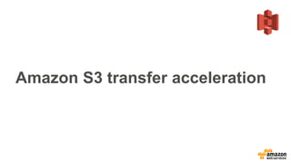 What is Amazon S3 transfer acceleration?
Network- and protocol-based data transfer service
Acceleration of data ingress/eg...