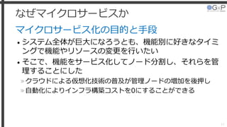 なぜマイクロサービスか
マイクロサービス化の目的と手段
• システム全体が巨大になろうとも、機能別に好きなタイミ
ングで機能やリソースの変更を行いたい
• そこで、機能をサービス化してノード分割し、それらを管
理することにした
»クラウドによる仮想化技術の普及が管理ノードの増加を後押し
»自動化によりインフラ構築コストを0にすることができる
11
 