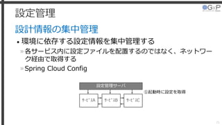 設定管理
設計情報の集中管理
• 環境に依存する設定情報を集中管理する
»各サービス内に設定ファイルを配置するのではなく、ネットワー
ク経由で取得する
»Spring Cloud Config
25
設定管理サーバ
ｻｰﾋﾞｽA ｻｰﾋﾞｽB ｻｰﾋﾞｽC
①起動時に設定を取得
 