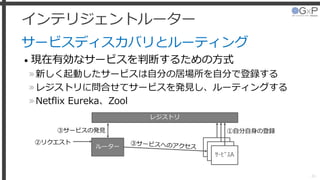 インテリジェントルーター
サービスディスカバリとルーティング
• 現在有効なサービスを判断するための方式
»新しく起動したサービスは自分の居場所を自分で登録する
»レジストリに問合せてサービスを発見し、ルーティングする
»Netflix Eureka、Zool
41
ｻｰﾋﾞｽA
レジストリ
ルーター
ｻｰﾋﾞｽA
ｻｰﾋﾞｽA
①自分自身の登録
②リクエスト
③サービスの発見
 
