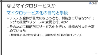 なぜマイクロサービスか
マイクロサービス化の目的と手段
• システム全体が巨大になろうとも、機能別に好きなタイミ
ングで機能やリソースの変更を行いたい
• そのために機能別にサービス化を行い、機能の独立性を高
めていった
»機能間の依存性を管理し、可能な限り疎結合にしていく
54
 