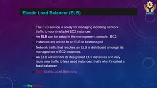 Elastic Load Balancer (ELB)
The ELB service is solely for managing incoming network
traffic to your (multiple) EC2 instances
An ELB can be setup in the management console. EC2
instances are added to an ELB to be managed
Network traffic that reaches an ELB is distributed amongst its
managed set of EC2 instances.
An ELB will monitor its designated EC2 instances and only
route new traffic to less used instances; that’s why it’s called a
load balancer
Docs:Elastic Load Balancing
@2020 copyright KalKey training
 
