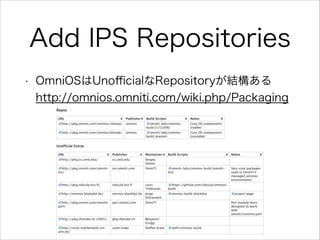 Add IPS Repositories
•

OmniOSはUnoﬃcialなRepositoryが結構ある 
http://omnios.omniti.com/wiki.php/Packaging

 