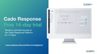 Cado Response
Free 14-day trial
Receive unlimited access to
the Cado Response Platform
for 14 days.
www.cadosecurity.com/free-investigation/
 