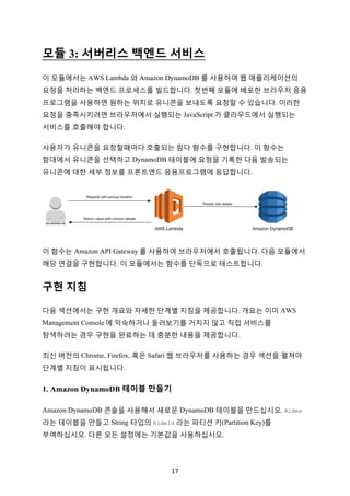 17	
모듈 3: 서버리스 백엔드 서비스
이 모듈에서는 AWS Lambda 와 Amazon DynamoDB 를 사용하여 웹 애플리케이션의
요청을 처리하는 백엔드 프로세스를 빌드합니다. 첫번째 모듈에 배포한 브라우저 응용
프로그램을 사용하면 원하는 위치로 유니콘을 보내도록 요청할 수 있습니다. 이러한
요청을 충족시키려면 브라우저에서 실행되는 JavaScript 가 클라우드에서 실행되는
서비스를 호출해야 합니다.
사용자가 유니콘을 요청할때마다 호출되는 람다 함수를 구현합니다. 이 함수는
함대에서 유니콘을 선택하고 DynamoDB 테이블에 요청을 기록한 다음 발송되는
유니콘에 대한 세부 정보를 프론트엔드 응용프로그램에 응답합니다.
이 함수는 Amazon API Gateway 를 사용하여 브라우저에서 호출됩니다. 다음 모듈에서
해당 연결을 구현합니다. 이 모듈에서는 함수를 단독으로 테스트합니다.
구현 지침
다음 섹션에서는 구현 개요와 자세한 단계별 지침을 제공합니다. 개요는 이미 AWS
Management Console 에 익숙하거나 둘러보기를 거치지 않고 직접 서비스를
탐색하려는 경우 구현을 완료하는 데 충분한 내용을 제공합니다.
최신 버전의 Chrome, Firefox, 혹은 Safari 웹 브라우저를 사용하는 경우 섹션을 펼쳐야
단계별 지침이 표시됩니다.
1. Amazon DynamoDB 테이블 만들기
Amazon DynamoDB 콘솔을 사용해서 새로운 DynamoDB 테이블을 만드십시오. Rides
라는 테이블을 만들고 String 타입의 RideId 라는 파티션 키(Partition Key)를
부여하십시오. 다른 모든 설정에는 기본값을 사용하십시오.
 
