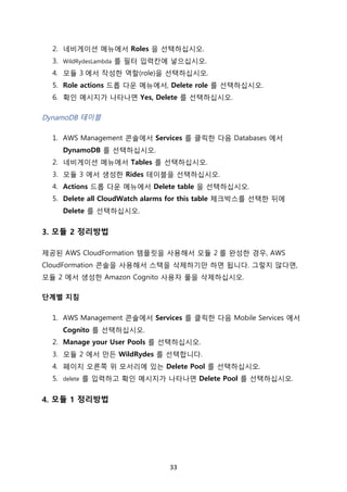 33	
2. 네비게이션 메뉴에서 Roles 을 선택하십시오.
3. WildRydesLambda 를 필터 입력칸에 넣으십시오.
4. 모듈 3 에서 작성한 역할(role)을 선택하십시오.
5. Role actions 드롭 다운 메뉴에서, Delete role 를 선택하십시오.
6. 확인 메시지가 나타나면 Yes, Delete 를 선택하십시오.
DynamoDB 테이블
1. AWS Management 콘솔에서 Services 를 클릭한 다음 Databases 에서
DynamoDB 를 선택하십시오.
2. 네비게이션 메뉴에서 Tables 를 선택하십시오.
3. 모듈 3 에서 생성한 Rides 테이블을 선택하십시오.
4. Actions 드롭 다운 메뉴에서 Delete table 을 선택하십시오.
5. Delete all CloudWatch alarms for this table 체크박스를 선택한 뒤에
Delete 를 선택하십시오.
3. 모듈 2 정리방법
제공된 AWS CloudFormation 템플릿을 사용해서 모듈 2 를 완성한 경우, AWS
CloudFormation 콘솔을 사용해서 스택을 삭제하기만 하면 됩니다. 그렇지 않다면,
모듈 2 에서 생성한 Amazon Cognito 사용자 풀을 삭제하십시오.
단계별 지침
1. AWS Management 콘솔에서 Services 를 클릭한 다음 Mobile Services 에서
Cognito 를 선택하십시오.
2. Manage your User Pools 를 선택하십시오.
3. 모듈 2 에서 만든 WildRydes 를 선택합니다.
4. 페이지 오른쪽 위 모서리에 있는 Delete Pool 를 선택하십시오.
5. delete 를 입력하고 확인 메시지가 나타나면 Delete Pool 를 선택하십시오.
4. 모듈 1 정리방법
 