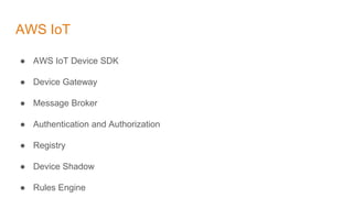 AWS IoT
● AWS IoT Device SDK
● Device Gateway
● Message Broker
● Authentication and Authorization
● Registry
● Device Shadow
● Rules Engine
 
