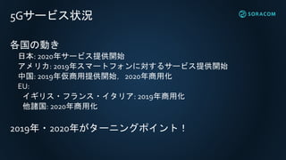 5Gサービス状況
各国の動き
日本: 2020年サービス提供開始
アメリカ: 2019年スマートフォンに対するサービス提供開始
中国: 2019年仮商用提供開始，2020年商用化
EU:
イギリス・フランス・イタリア: 2019年商用化
他諸国: 2020年商用化
2019年・2020年がターニングポイント！
 