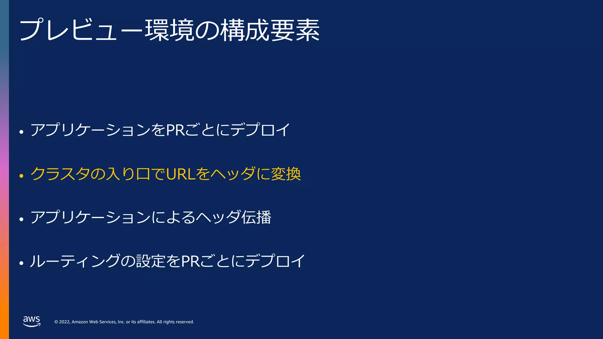 © 2022, Amazon Web Services, Inc. or its affiliates. All rights reserved.
プレビュー環境の構成要素
• アプリケーションをPRごとにデプロイ
• クラスタの⼊り⼝でURLをヘッダに変換
• アプリケーションによるヘッダ伝播
• ルーティングの設定をPRごとにデプロイ
 