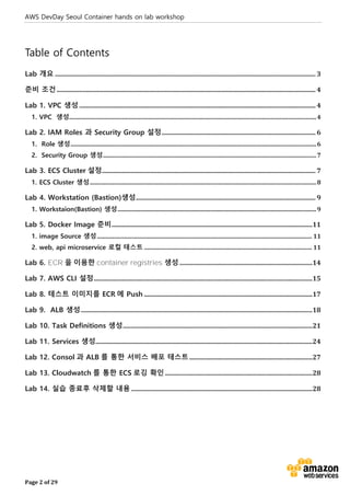AWS DevDay Seoul Container hands on lab workshop
Page 2 of 29
Table of Contents
Lab 개요 ................................................................................................................................................................. 3
준비 조건................................................................................................................................................................ 4
Lab 1. VPC 생성 .................................................................................................................................................. 4
1. VPC 생성........................................................................................................................................................................4
Lab 2. IAM Roles 과 Security Group 설정............................................................................................... 6
1. Role 생성.......................................................................................................................................................................6
2. Security Group 생성.................................................................................................................................................7
Lab 3. ECS Cluster 설정.................................................................................................................................... 7
1. ECS Cluster 생성..........................................................................................................................................................8
Lab 4. Workstation (Bastion)생성............................................................................................................... 9
1. Workstaion(Bastion) 생성.......................................................................................................................................9
Lab 5. Docker Image 준비............................................................................................................................11
1. image Source 생성.................................................................................................................................................. 11
2. web, api microservice 로컬 테스트 .................................................................................................................. 11
Lab 6. ECR 을 이용한 container registries 생성 ..................................................................................14
Lab 7. AWS CLI 설정.......................................................................................................................................15
Lab 8. 테스트 이미지를 ECR 에 Push ........................................................................................................17
Lab 9. ALB 생성...............................................................................................................................................18
Lab 10. Task Definitions 생성.....................................................................................................................21
Lab 11. Services 생성......................................................................................................................................24
Lab 12. Consol 과 ALB 를 통한 서비스 배포 테스트............................................................................27
Lab 13. Cloudwatch 를 통한 ECS 로깅 확인...........................................................................................28
Lab 14. 실습 종료후 삭제할 내용................................................................................................................28
 