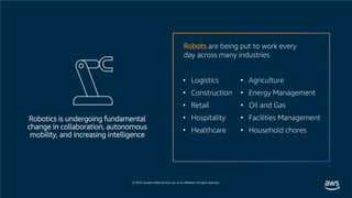 © 2019, Amazon Web Services, Inc. or its affiliates. All rights reserved.
Robotics is undergoing fundamental
change in collaboration, autonomous
mobility, and increasing intelligence
• Logistics
• Construction
• Retail
• Hospitality
• Healthcare
Robots are being put to work every
day across many industries
• Agriculture
• Energy Management
• Oil and Gas
• Facilities Management
• Household chores
 
