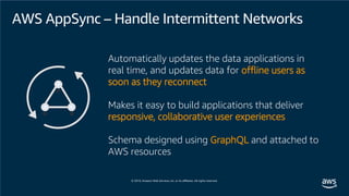 Automatically updates the data applications in
real time, and updates data for offline users as
soon as they reconnect
Makes it easy to build applications that deliver
responsive, collaborative user experiences
Schema designed using GraphQL and attached to
AWS resources
AWS AppSync – Handle Intermittent Networks
 
